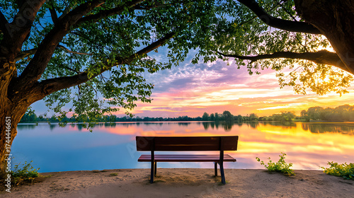 Tranquil lakeside bench at sunset with vibrant colors reflecting in the water