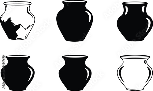 Stylized vase silhouettes, black and white pottery icons, minimalist ceramic shapes, modern home decor, artistic vector illustration, elegant design