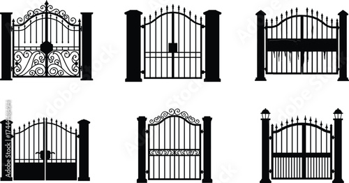 Wrought iron gate silhouette, decorative fence, ornate entrance, garden security, architectural design, vintage style, metal artwork, property boundary, elegant vector, illustration