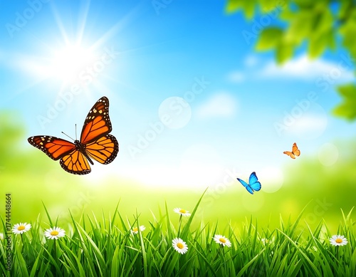 Butterflies soar over vibrant green grass under the sun