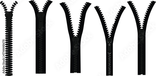 Zipper silhouettes, fashion accessory, clothing fastener, garment zipper, textile hardware, sewing tool, apparel design, black icons, tailoring, manufacturing, clothing industry