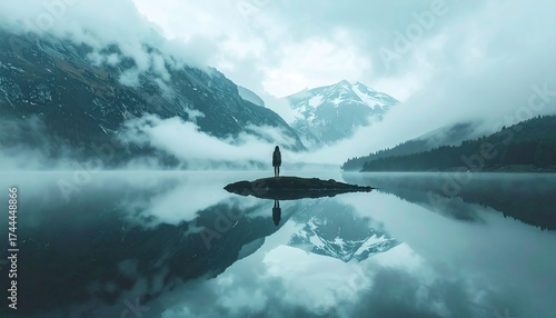 Misty mountain lake scene with solitary figure