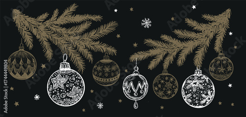 Christmas ball set on black. Hand drawn illustration.	
