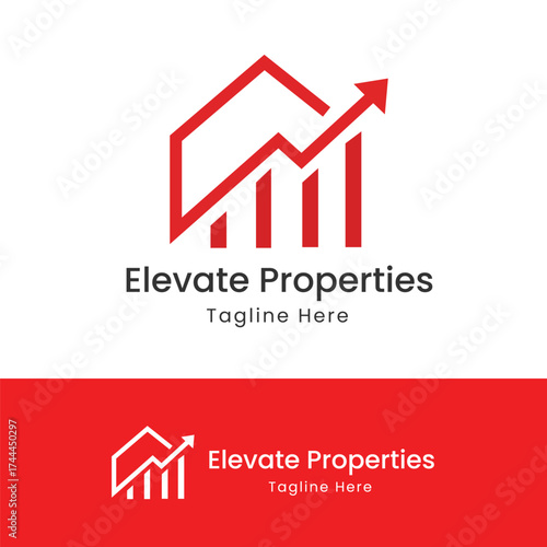 Red Upward Graph House Logo Elevate Properties Real Estate Growth Investment Development Modern Housing Branding Design
