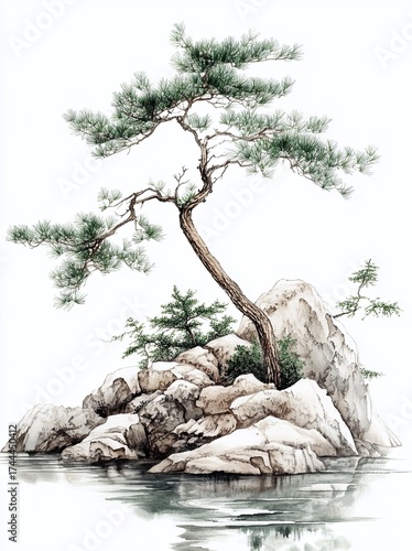 A solitary pine tree grows from a rugged rock island, reflected perfectly in still misty water under a pale sky