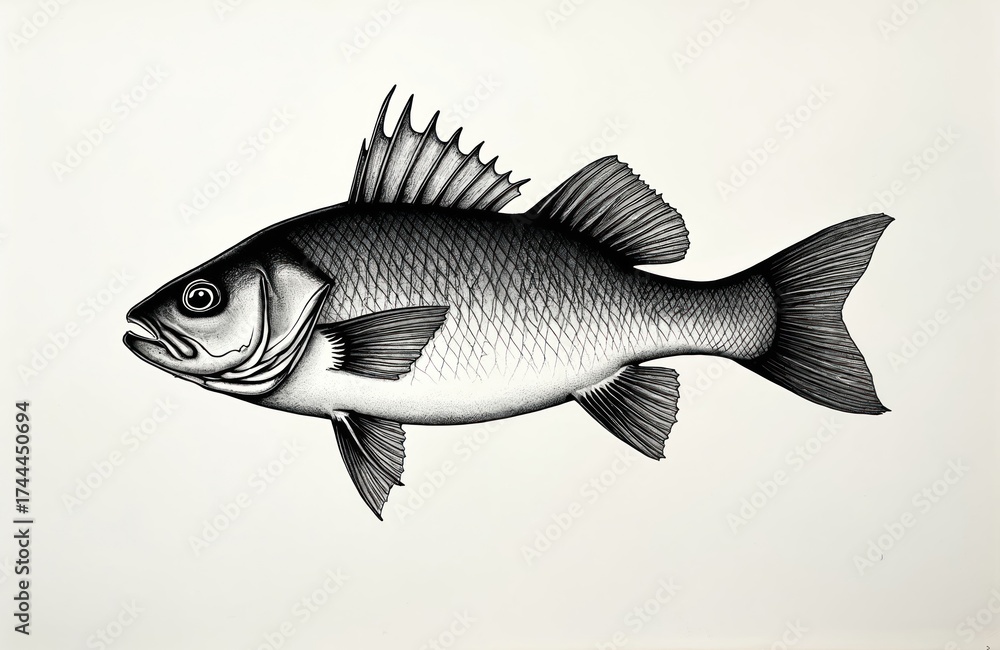 Obraz premium Detailed pen and ink illustration of a perch fish. Realistic aquatic animal artwork with fine linework and shading shows scales, fins, and tail. Monochrome graphic design.