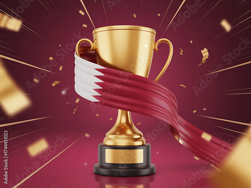 Golden trophy wrapped in qatar flag celebrates sporting victory with confetti