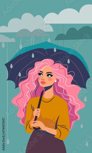 Rainy Day Reflection: Woman with Umbrella Illustration