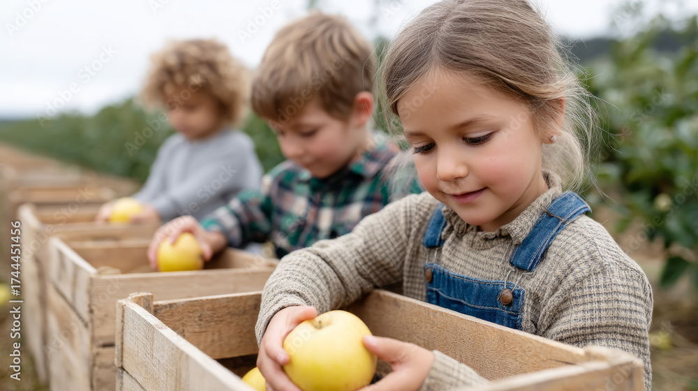 Fototapeta premium Children enjoying autumn harvest, picking apples into wooden crates