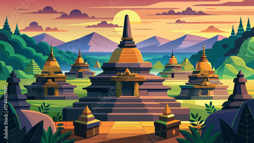 The Borobudur Temple Compounds in Indonesia rise majestically from volcanic plains, crowned with stupas and stone reliefs that narrate the spiritual journey toward enlightenment.