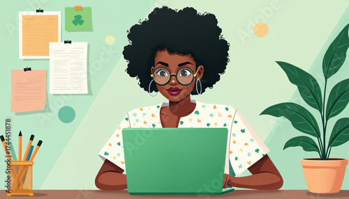 Young black woman entrepreneur works on laptop at desk with documents and plants. Female startup founder checks emails on computer in office. Businesswoman reads messages on notebook in workspace.