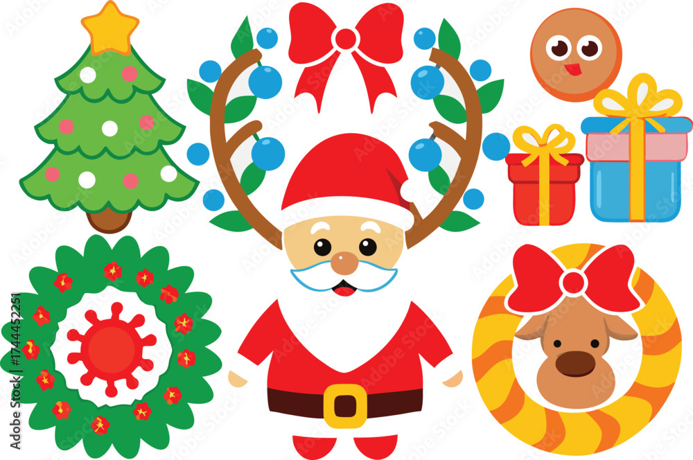 Fototapeta premium Festive christmas vector illustrations santa reindeer tree wreaths gifts icons pack eps isolated on transparent background