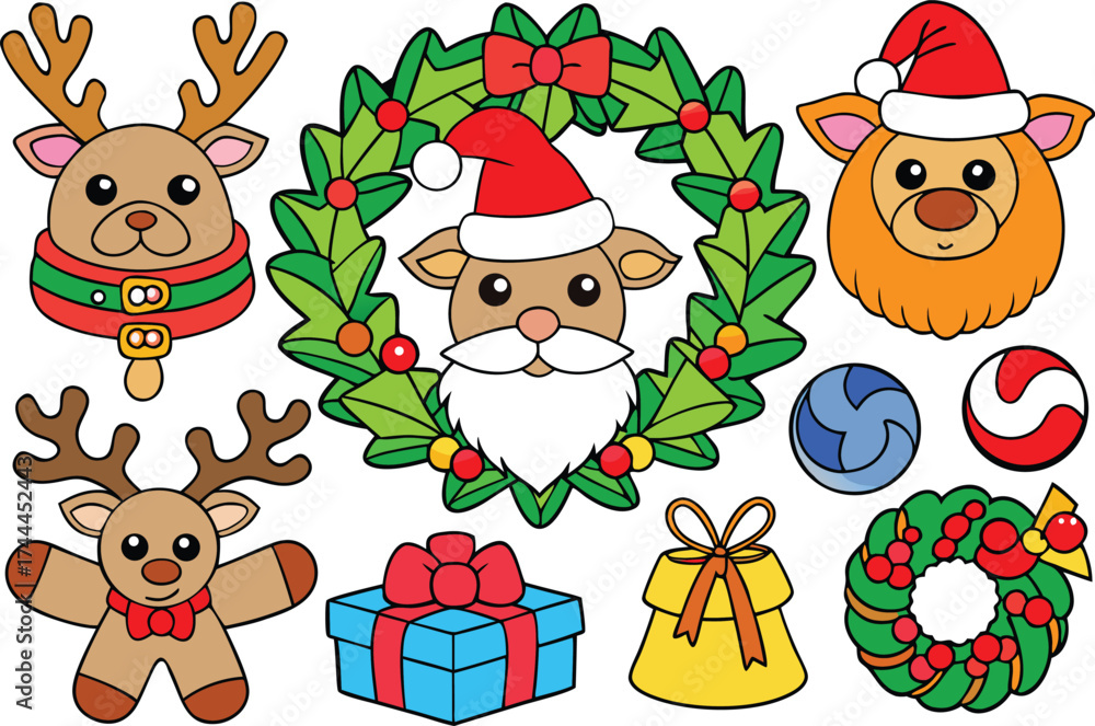 Naklejka premium Festive vector christmas collection santa reindeer gifts wreaths candy ornaments eps isolated on transparent background