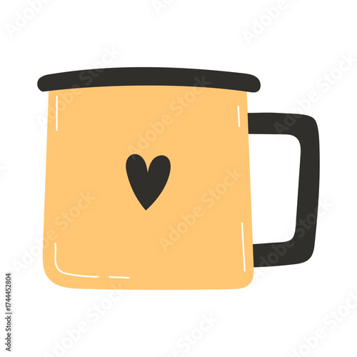 Simple ceramic mug in light yellow color with heart and rim for cozy home design