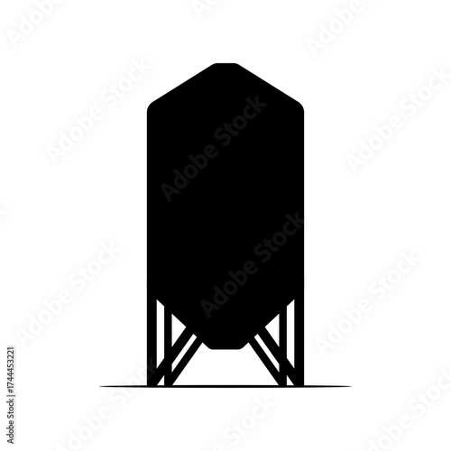 Silo bunker. Black silhouette. Vertical front and side views. Vector simple flat graphic illustration. Isolated object on a white background.