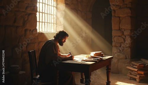 Bearded man writes significant message in ancient stone prison cell. Bright sunlight streams through barred window, illuminating work table holding scrolls, papers. Pens sacred scripture with deep