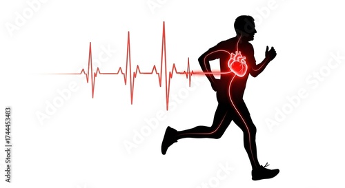 A strong woman running on a red background with a heart symbolizes determination and passion