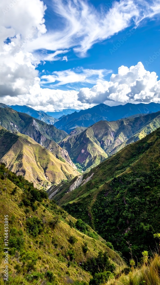 Fototapeta premium Mountain valley vista with lush slopes and a vibrant sky