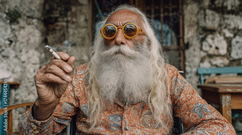 Old hippy man smoking marijuana blunt