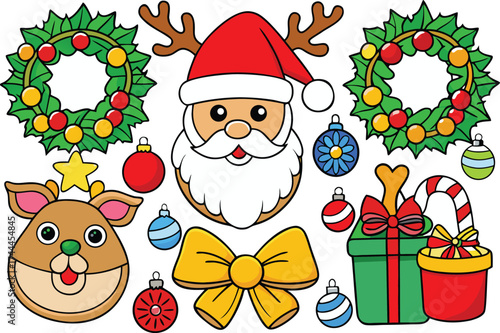 Festive christmas collection vector illustration featuring santa claus reindeer and ornaments isolated on transparent background