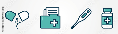 Medical icon set. Pills, thermometer, pill bottle and patient card. Isolated vector color image