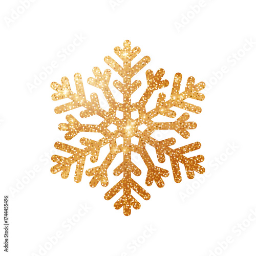 Christmas gold snowflake with glitter isolated on white background. Luxury realistic golden snowflake toy with light effect and sparkle for Christmas tree. Vector illustration