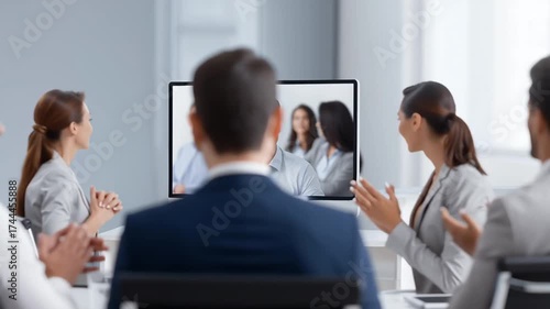Employees watch large screen with remote colleagues speaking, frame shows audience facing forward and interacting through applause and focused attention during session