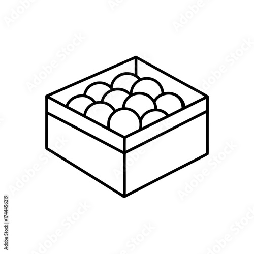 Box filled with round objects on transparent background