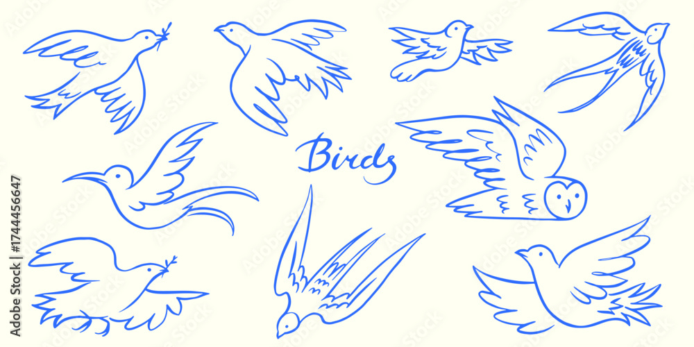 Fototapeta premium collection of beautiful one line birds. peace symbols. Owl , dove and swallow. Colibri one line hand drawn engraving.