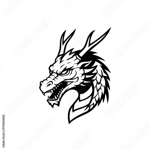 Fierce Eastern Dragon Head Vector Illustration in Aggressive Tribal Style