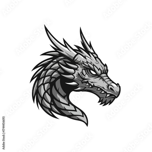 Fierce Grayscale Dragon Head Vector Illustration with Aggressive Expression