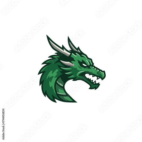 Dynamic Mythical Green Dragon Head Vector Illustration with Aggressive Expression for E-sports Logo Design