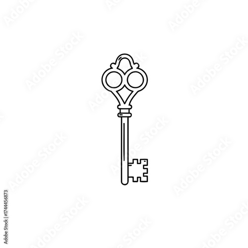 Ornate Antique Key Line Art Vector Illustration