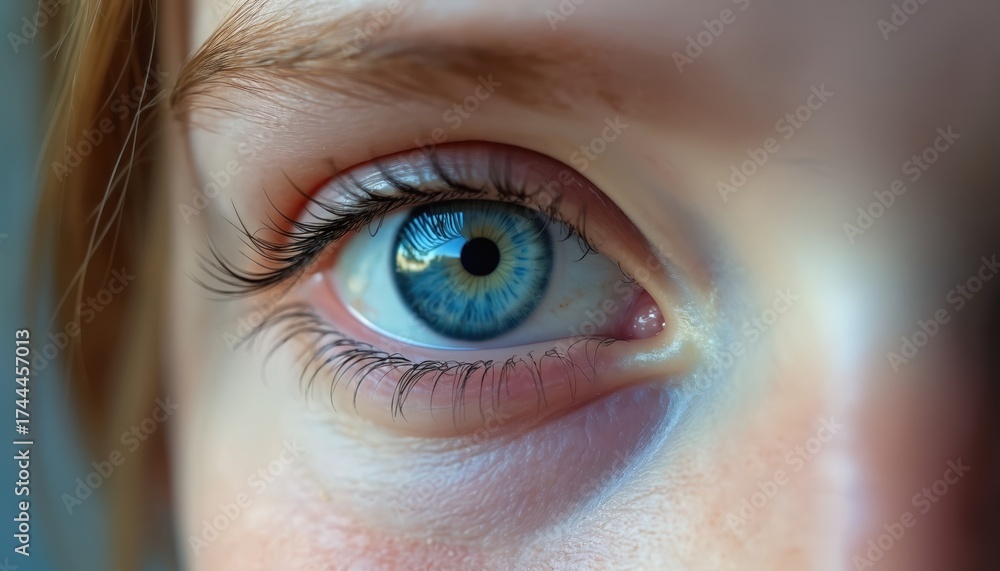 Fototapeta premium Extreme close-up of a young girl striking blue eye shows detail of iris and lashes. One eye appears partially closed, hinting at a medical condition or a moment captured in time.