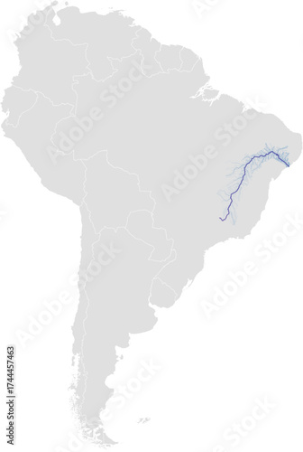Sao Francisco river system – rivers vector map of South America highlighting main stem, primary and secondary tributaries (LCC, scaled by river size, PPT-compatible, multi-layered & fully editable)