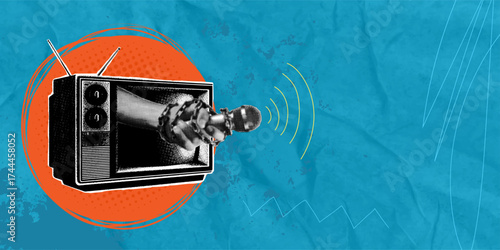 A hand reaching from a television tightly grips a microphone chained to its wrist. The image, against a blue background with a bright orange circle, symbolizes the fight for freedom of speech and voic