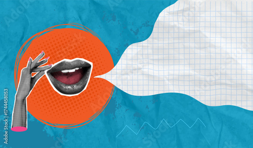 A talking mouth supported by a hand with space for a message. A trendy halftone collage in pop art style. Concepts for conversation, news, announcement, information, social issues, rumors