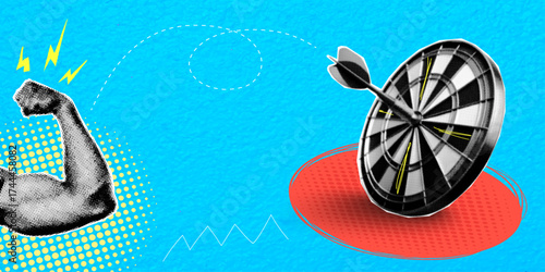 A trendy halftone collage in a pop art style. A muscular arm demonstrates strength and power. A dart is aimed at the target. The textured collage is on a blue background with space for text. Business 