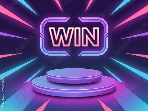 Neon illuminated win sign above a futuristic podium with glowing light rays