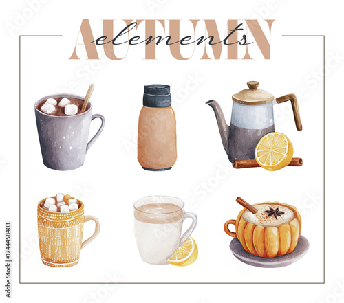 Autumn cozy drinks set. Vector watercolor and gouache illustration, warm beverage collection elements