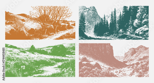 Vintage landscape set vector illustration. Engraved landscape style for print and stock assets