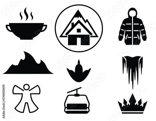 Set of winter and ski resort icons, collection of mountain and cold weather silhouettes, for logos and infographics, isolated vector.