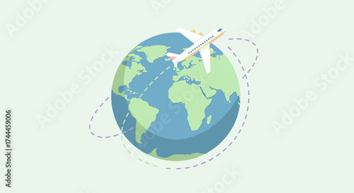 Airplane flying around the globe symbolizing global travel and international connections.