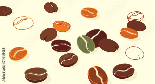 Assortment of coffee beans in various stages of roasting and preparation.
