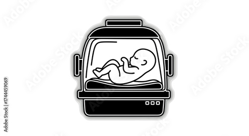 Baby in incubator illustration black and white.