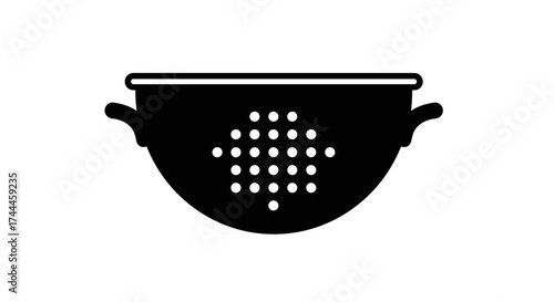 Black Colander Kitchen Utensil Icon on White Background.
