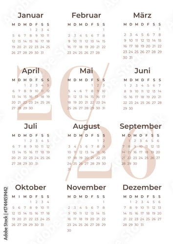 Minimalist German 2026 calendar vertical page template. Layout deutsch monthly planner for the year