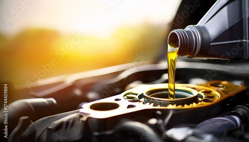change and pour new car engine oil into the motor banner with copy space