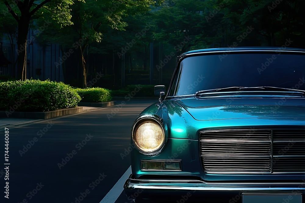 Fototapeta premium Classic car illuminated by soft light, highlighting unique vinta