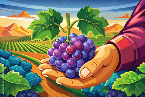 vector of The hand holding the fresh cluster of grapes is the hand of a hardworking worker whose nails are characteristic of this hardworking worker.